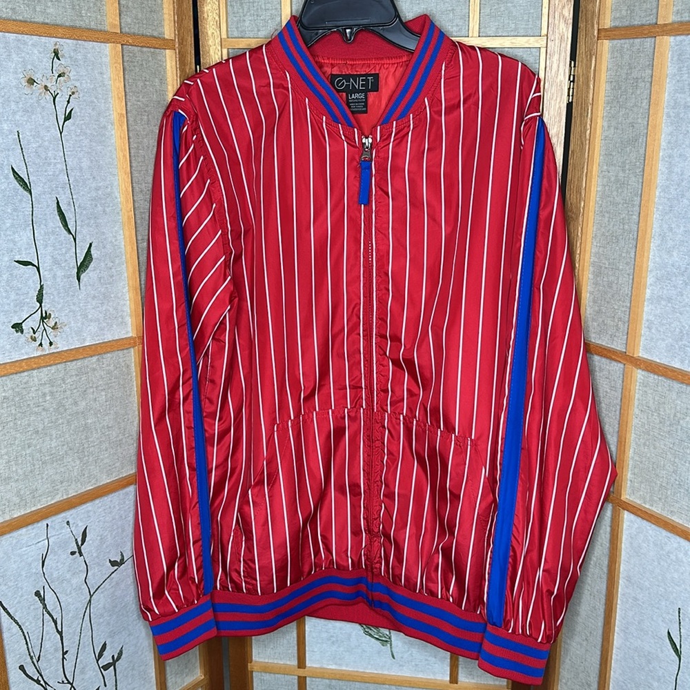 G-Net Windbreaker Jacket Red & White & Blue Striped Lightweight ZipUp Large